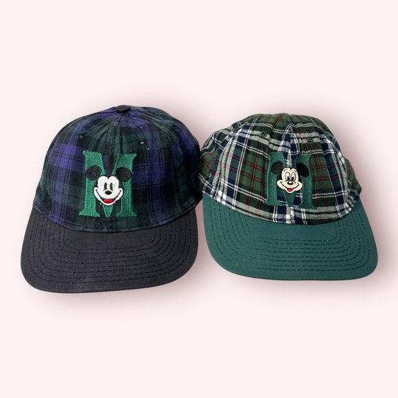 Disney Other - 2 Vintage Disney Plaid Hats with Mickey Mouse - Green and Blue Snap Back